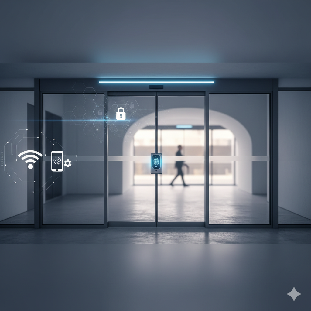 Porta automatica scorrevole moderna con sensore di impronte e icone di connettività Wi-Fi e sicurezza.