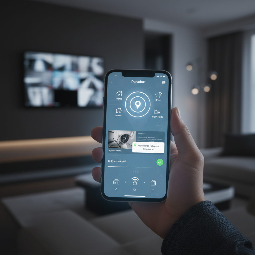 Mano che gestisce l'allarme Securplus-Paradox wireless tramite app mobile. Monitoraggio in tempo reale e controllo remoto da smartphone.